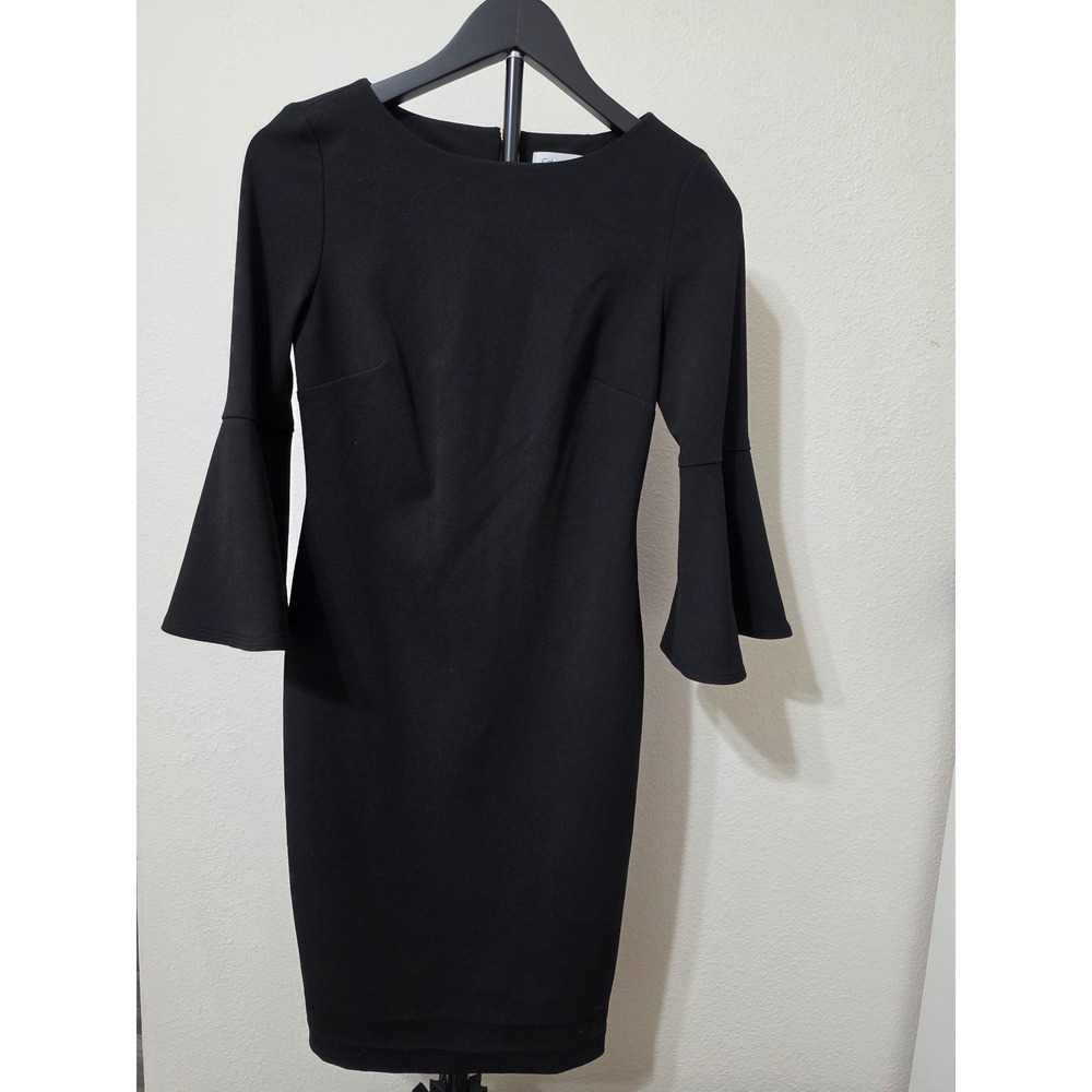 Calvin Klein Black Bell Sleeve Sheath Dress Gold Zipper Size 2 CD8C1677